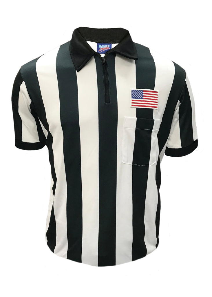 D740P - "CLEARANCE ITEM" - Dalco Short Sleeve 2" Black & White Stripe Football Referee Shirt w/USA Flag Patch Above Pocket - Officially Dalco